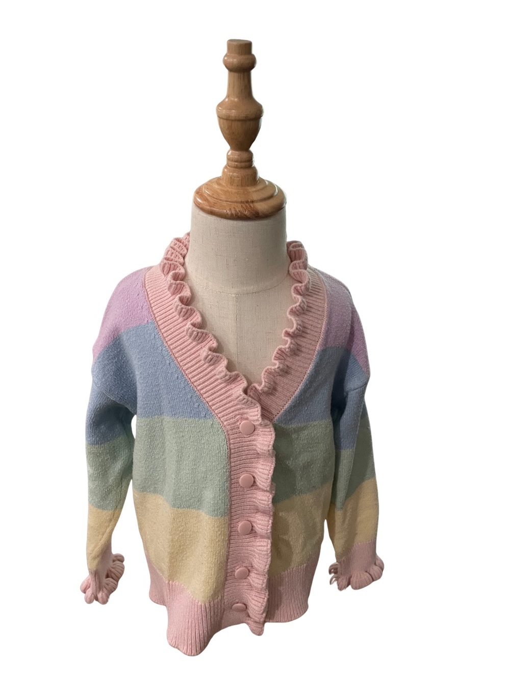 Pastel Stripe Ruffle Cardigan - Pink Trim